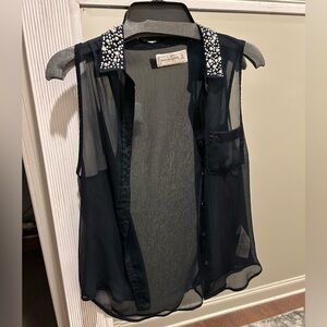 Abercrombie & Fitch Sheer Navy Blouse with Embellished Collar